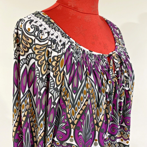 New Directions Size XL Peasant Top Tunic Blouse Boho Purple Gray Tan Floral Chic - Picture 8 of 9
